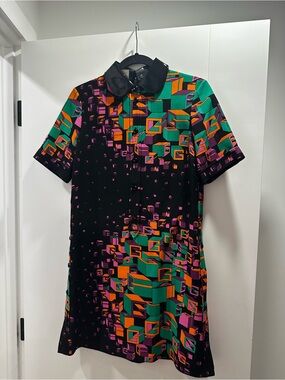 Gucci Black Short Sleeve Mini Dress with Green, Orange & Pink Geometric Print